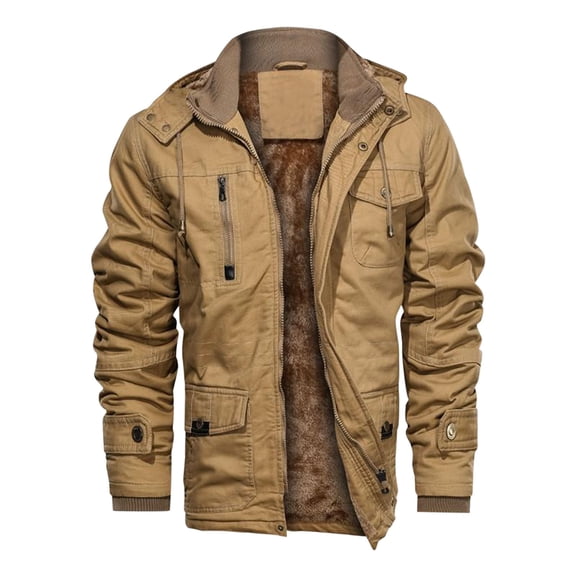 YYDGH Men's Thick Thermal Winter Jacket with Multi Pockets Full Zipper Front Fleece Lined Tactical Jacket Drawstring Hooded Fuzzy Sherpa Coats Khaki 3XL