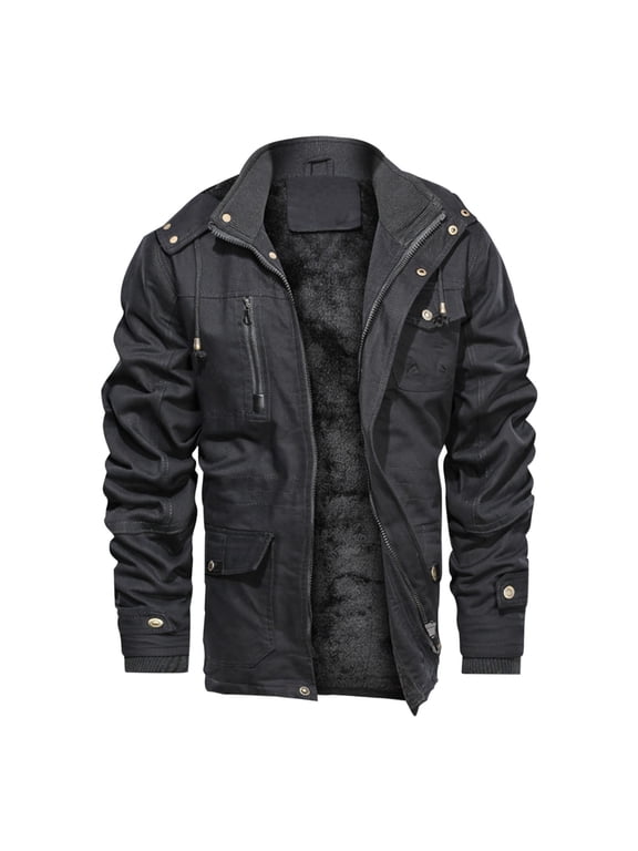 Men's Thick Thermal Winter Jacket with Multi Pockets Full Zipper Front Fleece Lined Tactical Jacket Drawstring Hooded Fuzzy Sherpa Coats XL