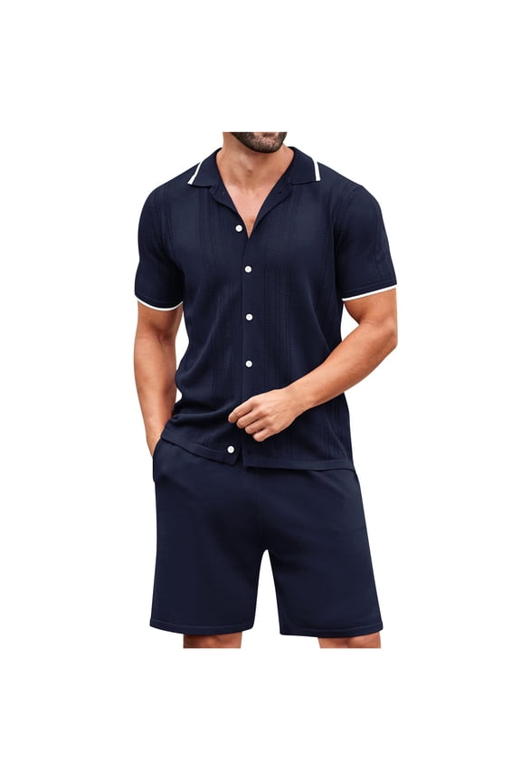 Men's Two Piece Set Button Polo Shirt and Elastic Waist Shorts Casual Dressy Tracksuit Loose Fit Solid Summer Outfits