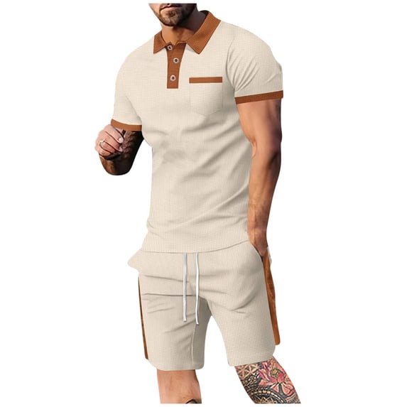 YYDGH Men's Two Piece Set Waffle Knit Button Polo Shirt and Elastic Waist Drawstring Shorts Casual Tracksuit Loose Fit Solid Summer Outfits