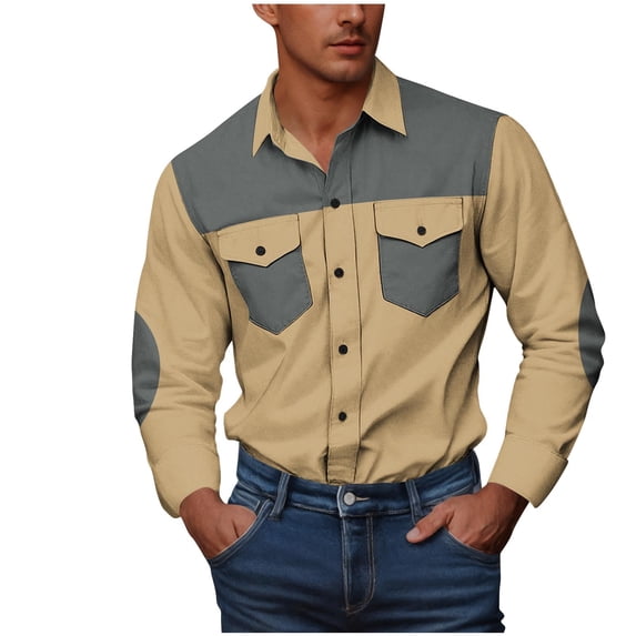 YYDGH Men's Western Cargo Shirts Lapel Long Sleeve Button Down Shirts Color Block Casual Loose Fit Business Work Tops Gray XXL