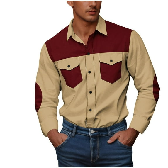 YYDGH Men's Western Cargo Shirts Lapel Long Sleeve Button Down Shirts Color Block Casual Loose Fit Business Work Tops Wine Red 4XL
