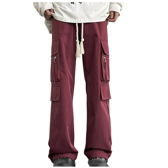 YYDGH Men's Wide Leg Cargo Pants with Multiple Pockets Drawstring Elastic Waist Pants Casual Floor Length Solid Color Trousers
