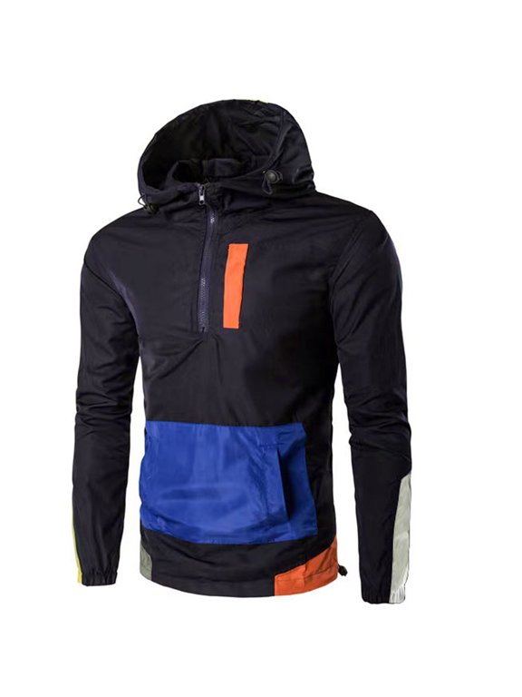 Men's Windbreaker Breathable Hooded Jacket Outdoor Full Zipper Waterproof Hoodies Half Zipper Tops with Pockets Black M