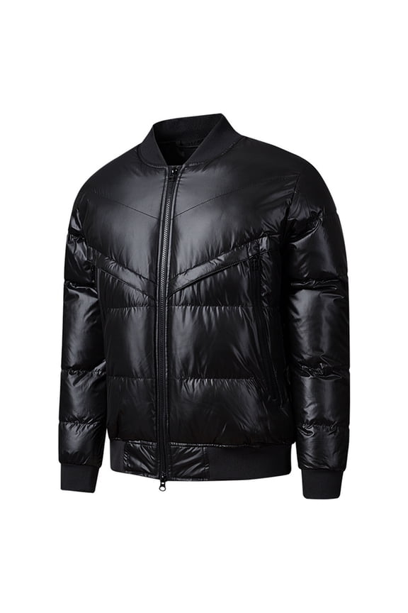 Men's Winter Puffer Jacket Long Sleeve Stand Collar Bubble Coat Full Zip Warm Padded Jackets Outerwear Cold Weather Black L