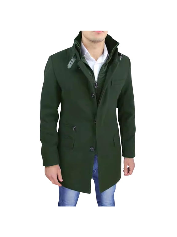 Men's Wool Blend Coats Zipper Up Winter Warm Jakcet Single Breasted Business Windbreaker Pea Coat with Pocket Army Green L