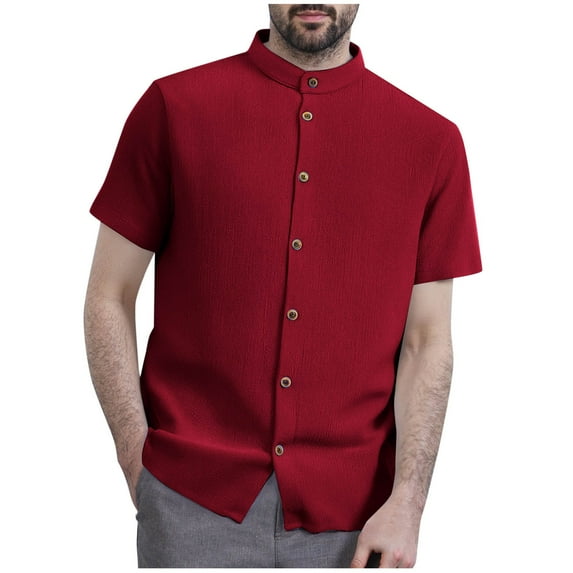 YYDGH Mens Banded Collar Dress Shirts Short Sleeve Button Down Mandarin Collar Shirt Solid Casual Summer Vacation Tops