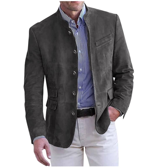 YYDGH Mens Blazer Jacket Faux Leather Suit Jacket Casual Button Down Sport Blazer Coat Stand Collar Fall Tops with Pockets Dark Gray 3XL