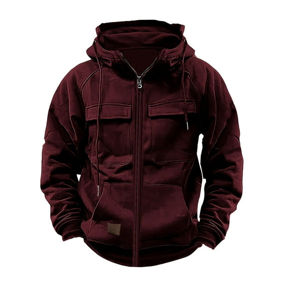 YYDGH Mens Cargo Hoodies Casual Full Zip Drawstring Hooded Sweatshirts Workout Athletic Jackets Outwear Tactical Outwear Wine Red 3XL