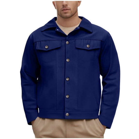 YYDGH Mens Casual Business Jacket Solid Color Lapel Lightweight Jackets Button Up Outdoor Warm Windbreak Coat Navy Blue XXL