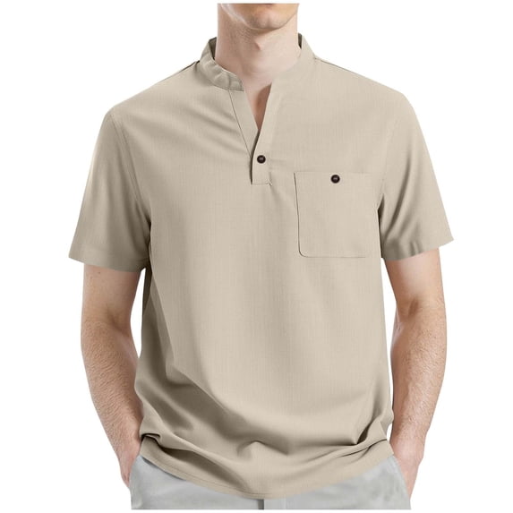YYDGH Mens Casual Henley Shirts Band Collar Short Sleeve T-Shirts Summer Stylish Beach Hippie Shirt