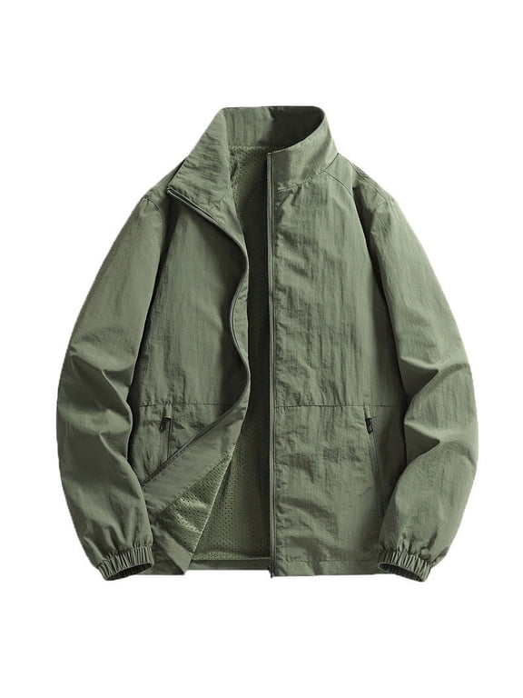 Mens Casual Jacket Coat Zip Up Stand Collar Tops Long Sleeve Jackets Lightweight Solid Color Coats Top with Pockets Army Green M