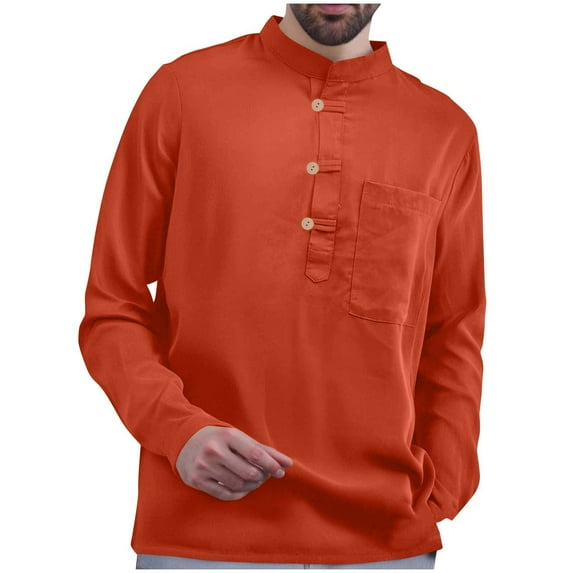 YYDGH Mens Casual Linen Henley Shirts Long Sleeve Band Collar Button Down Shirt Lightweight Beach Vacation Tops with Pocket Orange XXL