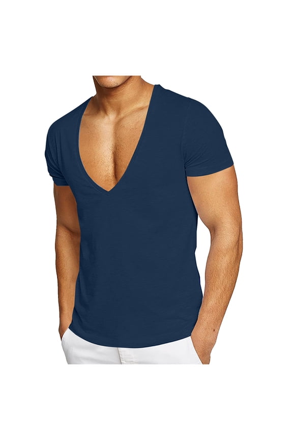 Mens Deep V Neck Shirts Stretch Muscle Gym Workout Tee Shirts Short Sleeve Slim Fit Low Cut Tank Tops Summer Vacation Outdoor Tees Blue XL