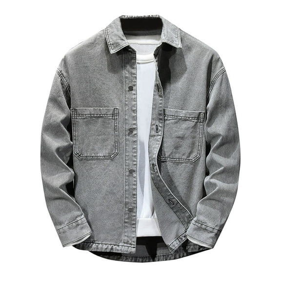 YYDGH Mens Denim Jacket Washed Ripped Flex Stretch Coats Casual Trucker Biker Jeans Jacket for Men with Pockets Gray M