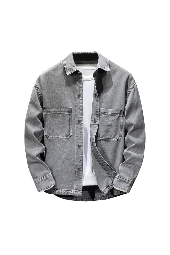 Mens Denim Jacket Washed Ripped Flex Stretch Coats Casual Trucker Biker Jeans Jacket for Men with Pockets Gray M