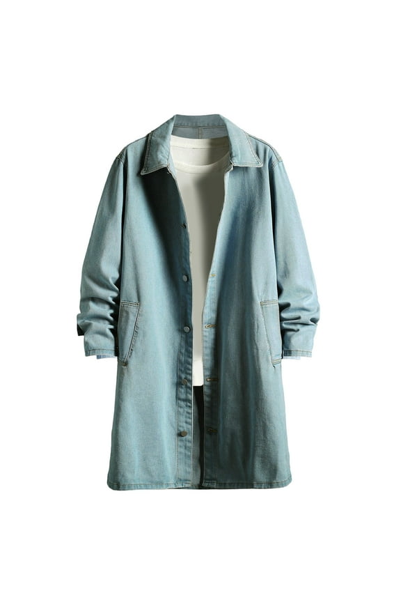 Mens Denim Trench Coat Long Washed Retro Denim Jackets Long Sleeves Button Down Casual Solid Color Coats with Pocket Outerwear Light Blue M