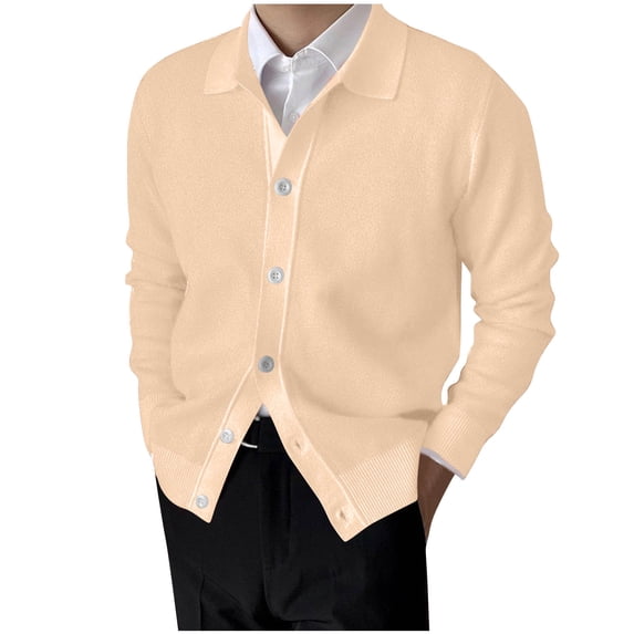 YYDGH Mens Fall Winter Cardigan Sweater Wool Blend Lapel V Neck Long Sleeve Knitted Cardigan Jacket Beige L