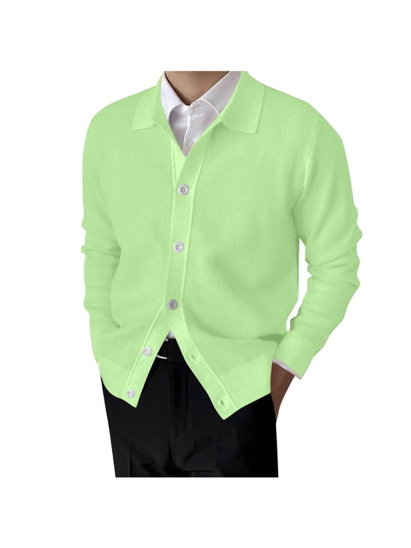 Mens Fall Winter Cardigan Sweater Wool Blend Lapel V Neck Long Sleeve Knitted Cardigan Jacket Green M
