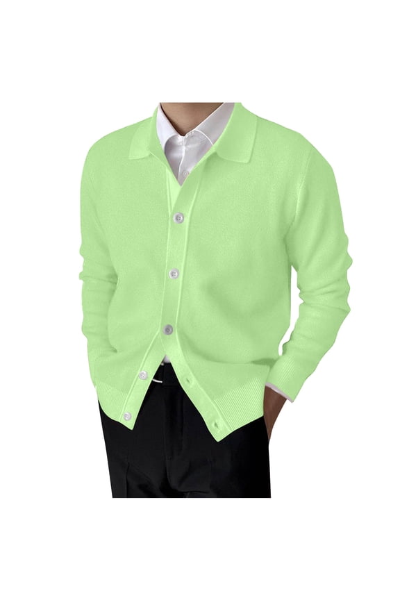 Mens Fall Winter Cardigan Sweater Wool Blend Lapel V Neck Long Sleeve Knitted Cardigan Jacket Green XXL