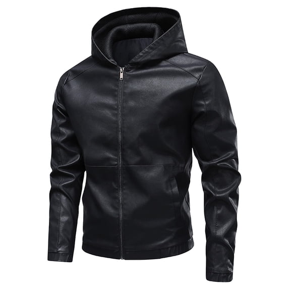 YYDGH Mens Faux Leather Jacket Sherpa Lined Fleece Coats Winter Warm Hooded Jackets Trucker Coat with Pockets Black L