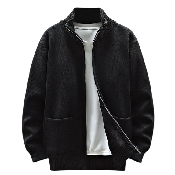 YYDGH Mens Full Zip Cardigan Sweater Loose Fit Stand Collar Zip Up Sweater Casual Fall Long Sleeve Knitwear with Pockets Black 3XL