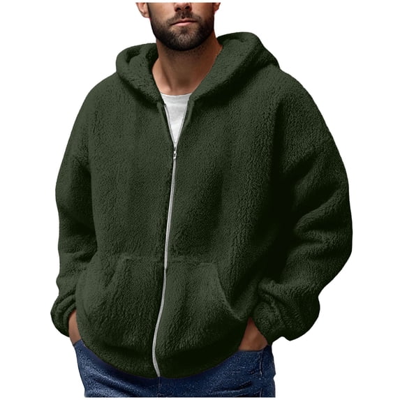 YYDGH Mens Fuzzy Fleece Sherpa Jacket Long Sleeve Full Zip Hooded Jacketd Casual Warm Plush Winter Coats Outdoor Army Green L