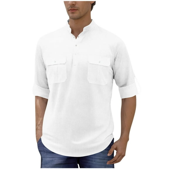 YYDGH Mens Henley Shirts Long Sleeve Button Down T-Shirt Casual Stand Collar Cotton Linen Work Tops with 2 Pockets White 3XL