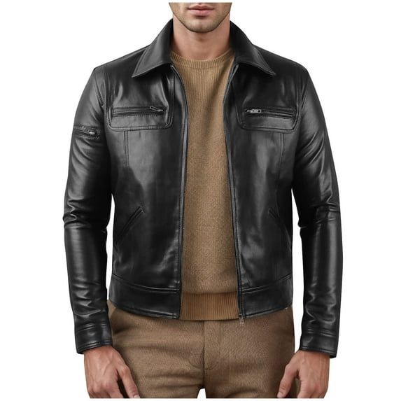YYDGH Mens Leather Jacket Classic Fit Vintage Style Leather Jackets For Men Stand Collar Full Zipper Tops Slim Fit Windproof Coats Black L