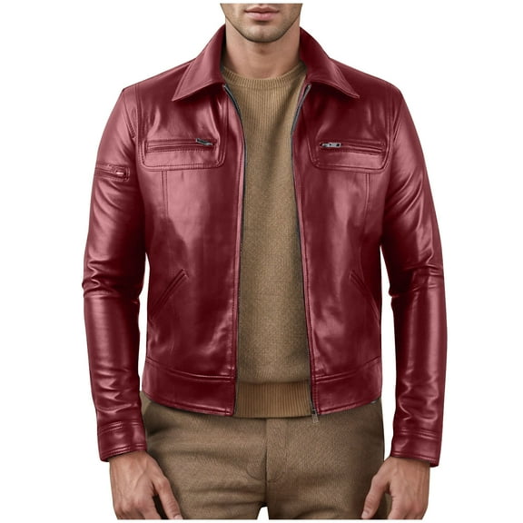 YYDGH Mens Leather Jacket Classic Fit Vintage Style Leather Jackets For Men Stand Collar Full Zipper Tops Slim Fit Windproof Coats Wine Red S