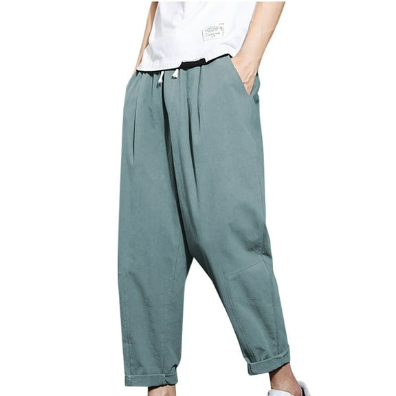 YYDGH Mens Linen Cotton Pants Drawstring Elastic Waist Tapered Pants Casual Loose Fit Summer Beach Trousers