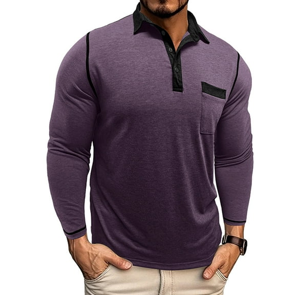 YYDGH Mens Long Sleeve Polo Shirts Casual Moisture Wicking Golf Polo Shirts Lapel Button Casual Tops with Pockets Purple XXL