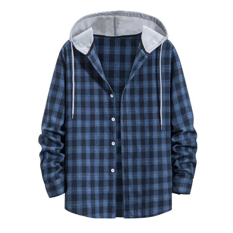 Yydgh Mens Plaid Hoodie Shirts Casual Button Down Long Sleeve Lightweight Hooded Shirt Loose Drawstring Jacket Blue L, Men's, Size: Large