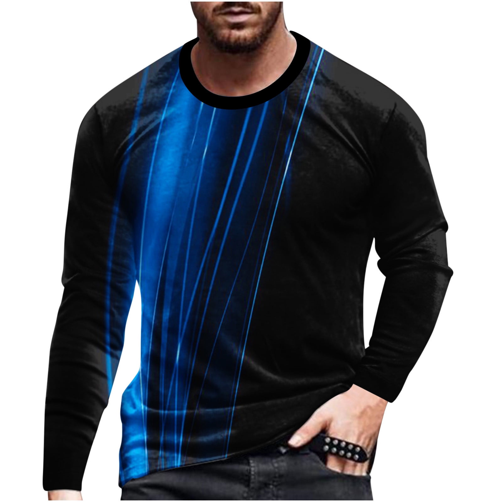 Long T Neck Colorful Casual Sleeve Mens Pullover Shirt Fall YYDGH Printed Round Size Blouses(2#-Blue,4XL) Sports Shirt 3D Tops Plus