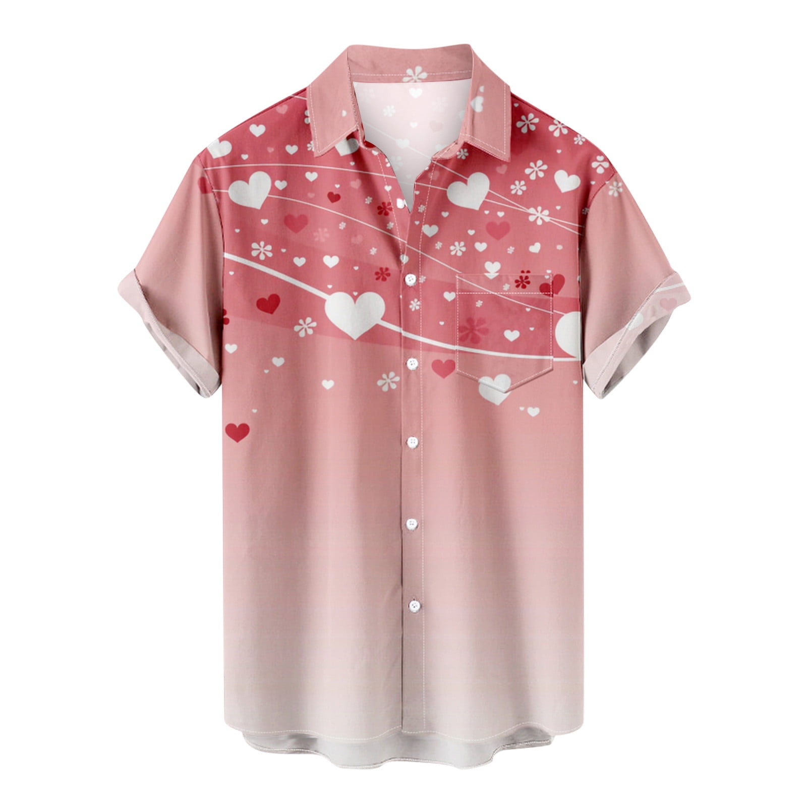 Shirts Day Shirts Loose YYDGH Hawaiian Plus Print Size Heart Aloha Button Valentines Mens Tops(1#-Red,XL) Casual Down Shirt