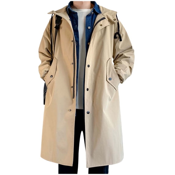 YYDGH Mens Quilted Lined Trench Coat Casual Long Sleeve Hooded Drawstring Coats Button Down Windproof Windbreaker Lightweight Rain Jackets with Pockets Khaki M