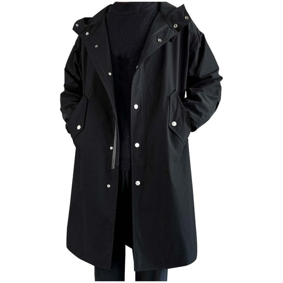 YYDGH Mens Quilted Lined Trench Coat Casual Long Sleeve Hooded Drawstring Coats Button Down Windproof Windbreaker Lightweight Rain Jackets with Pockets XL