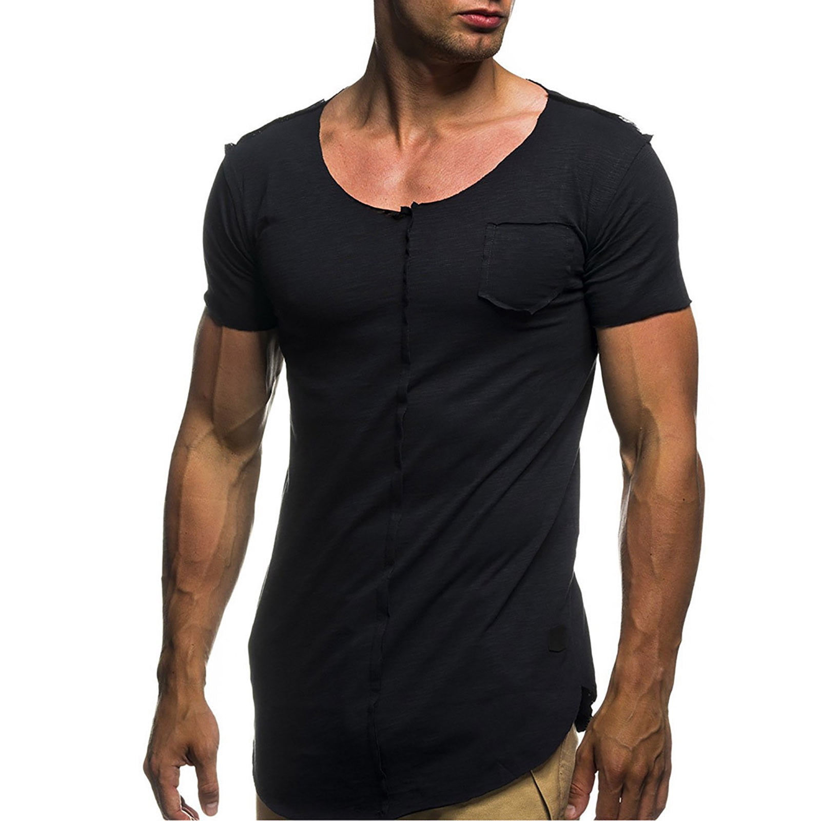 YYDGH Mens Running Short Sleeve Long T Shirt Longline Drop Tail Shirt Workout Casual Tee Black L