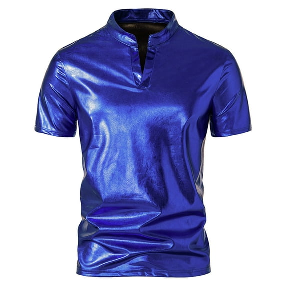 YYDGH Mens Shiny Henley T Shirts Short Sleeve V Neck Slim Fit Tee Shirt 70s Disco Tops for Nightclub Party Blue XL