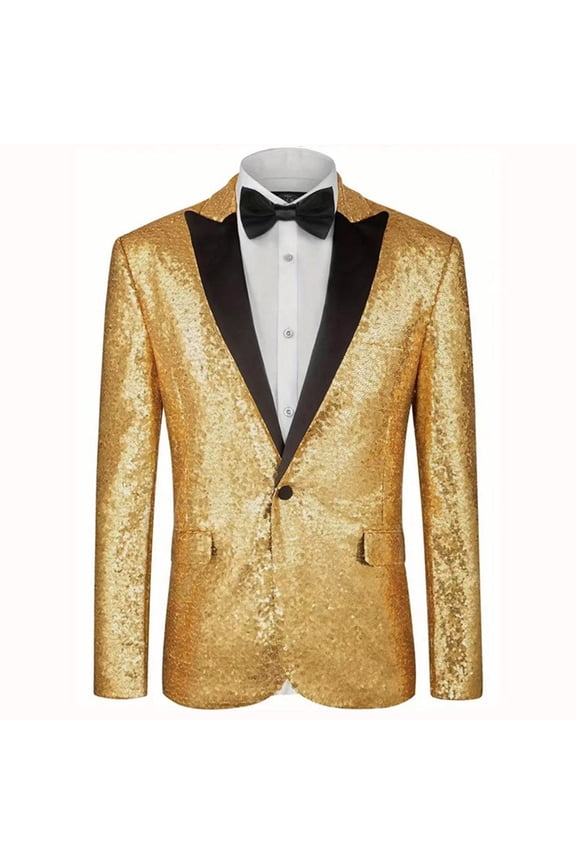 Mens Shiny Sequin Dress Blazer Jacket Party Prom Wedding Tuxedo Coat One Button Blazer Suit Jackets Gold XXL