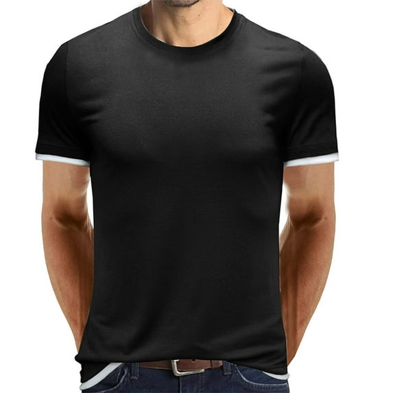 YYDGH Mens Short Sleeve Crew Neck T-Shirt Contrast Trim Knit Slim-Fit Tees Top Black L
