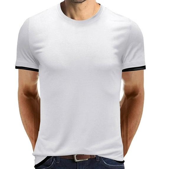 YYDGH Mens Short Sleeve Crew Neck T-Shirt Contrast Trim Knit Slim-Fit Tees Top White S