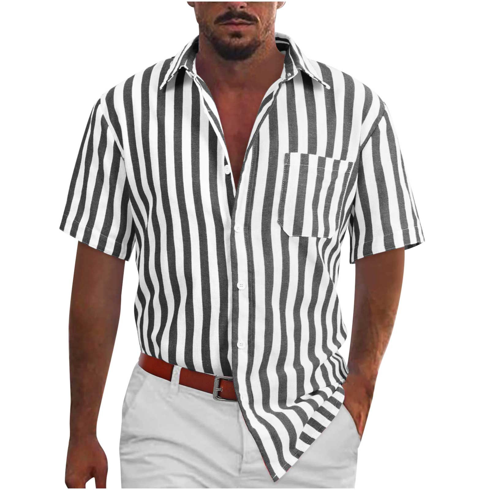YYDGH Mens Striped Button Down Dress Shirts Short Sleeve Summer ...