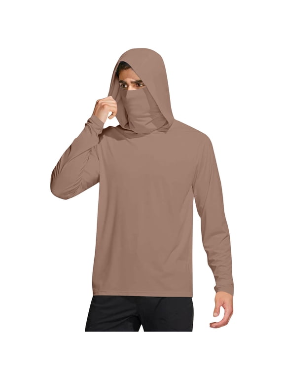 Mens Sun Protection Hoodies Shirts with Mask Long Sleeve UPF 50+ Cooling Rash Guard Hiking UV SPF T Shirts with Hooded Coffee S