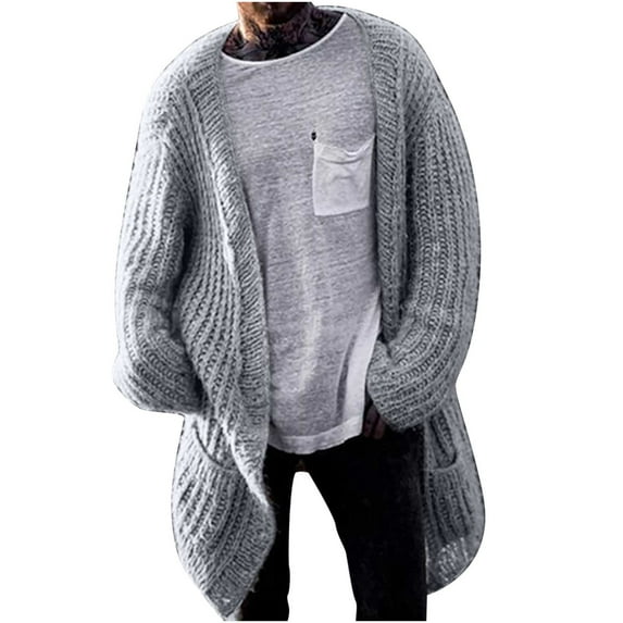 YYDGH Mens Sweater Cardigan,Men Shawl Collar Long Cardigan Sweater Cable Knit Open Front Cardigans Jackets with Pockets Gray XXL