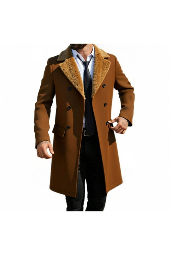 Mens Trench Coat Double Breasted Notched Collar Fleece Jacket Slim Fit Fall Winter Fuzzy Pea Coats Warm Overcoat Brown S