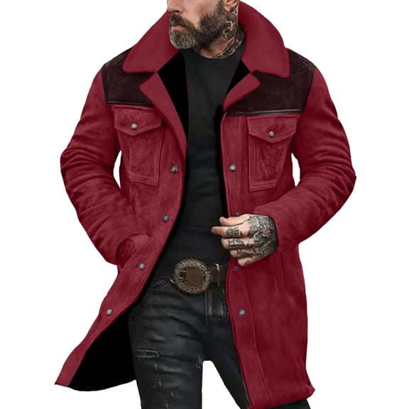 YYDGH Mens Vintage Suede Jacket Plush Collar Zip Up Retro Coats Faux Leather Winter Long Jackets Motorcycle Jackets Wine Red XXL