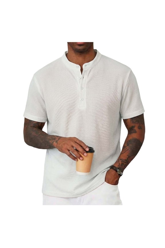 Mens Waffle Henley T-Shirts Summer Trendy Short Sleeve Button Stand Collar Casual Basic Tees Work Shirts