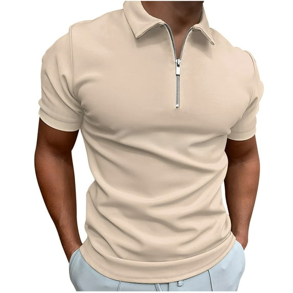 YYDGH Mens Zipper Polo Shirt Knit Casual Quarter Zip Tee Shirt Vintage Short Sleeve Collared T Shirt Summer Pullover Tshirt Beige XL