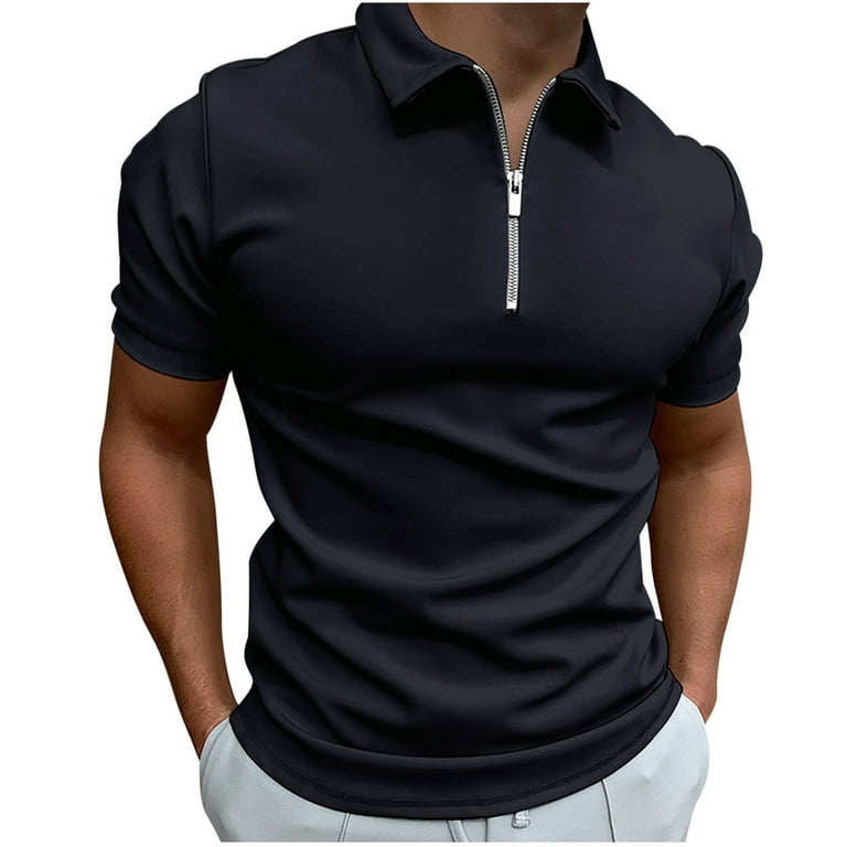 YYDGH Mens Zipper Polo Shirt Knit Casual Quarter Zip Tee Shirt Vintage  Short Sleeve Collared T Shirt Summer Pullover Tshirt Blue XXL 